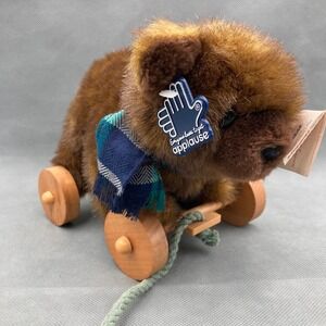 Vintage 1986 Applause Nostalgic Plush Teddy Bear Brown On Wheels Pull Toy #21005